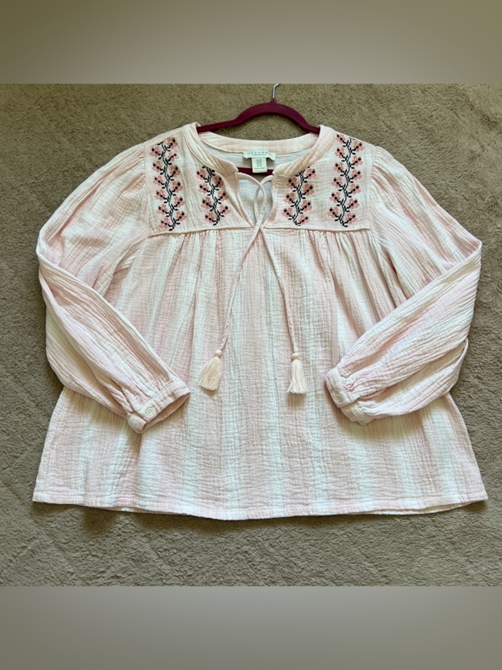 Calypso St. Barth Striped Embroidered Cotton Crinkle Shirt Preppy Peasant Sz 1X